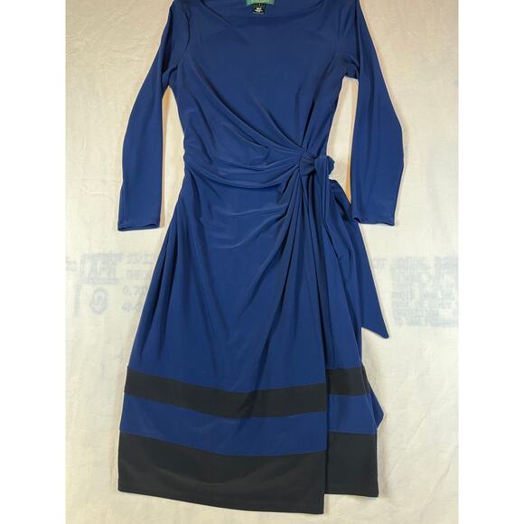 Lauren Ralph Lauren Blue and Black Long Sleeve Tie Waist Dress 4‎ - Picture 3 of 7